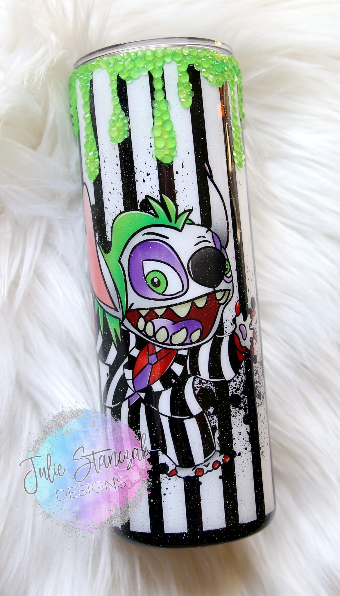 Beetlejuice Stitch Glow in the Dark Rhinestones Glitter Tumbler RTS