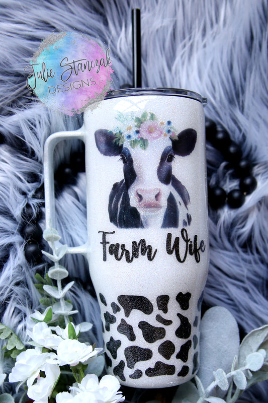 Farm Wife Holstein Dairy Cow Spots Flowers Handle Glitter Tumbler