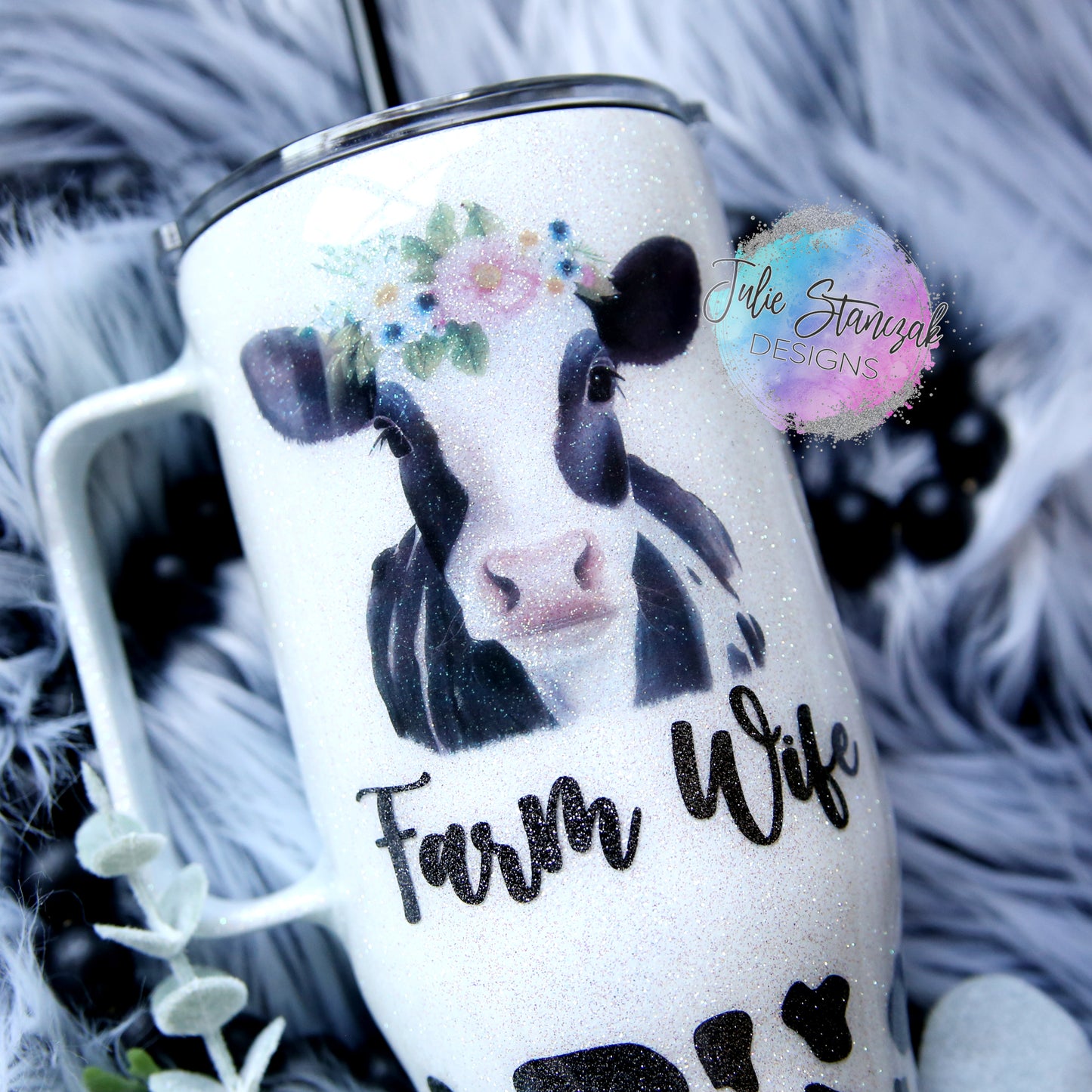 Farm Wife Holstein Dairy Cow Spots Flowers Handle Glitter Tumbler