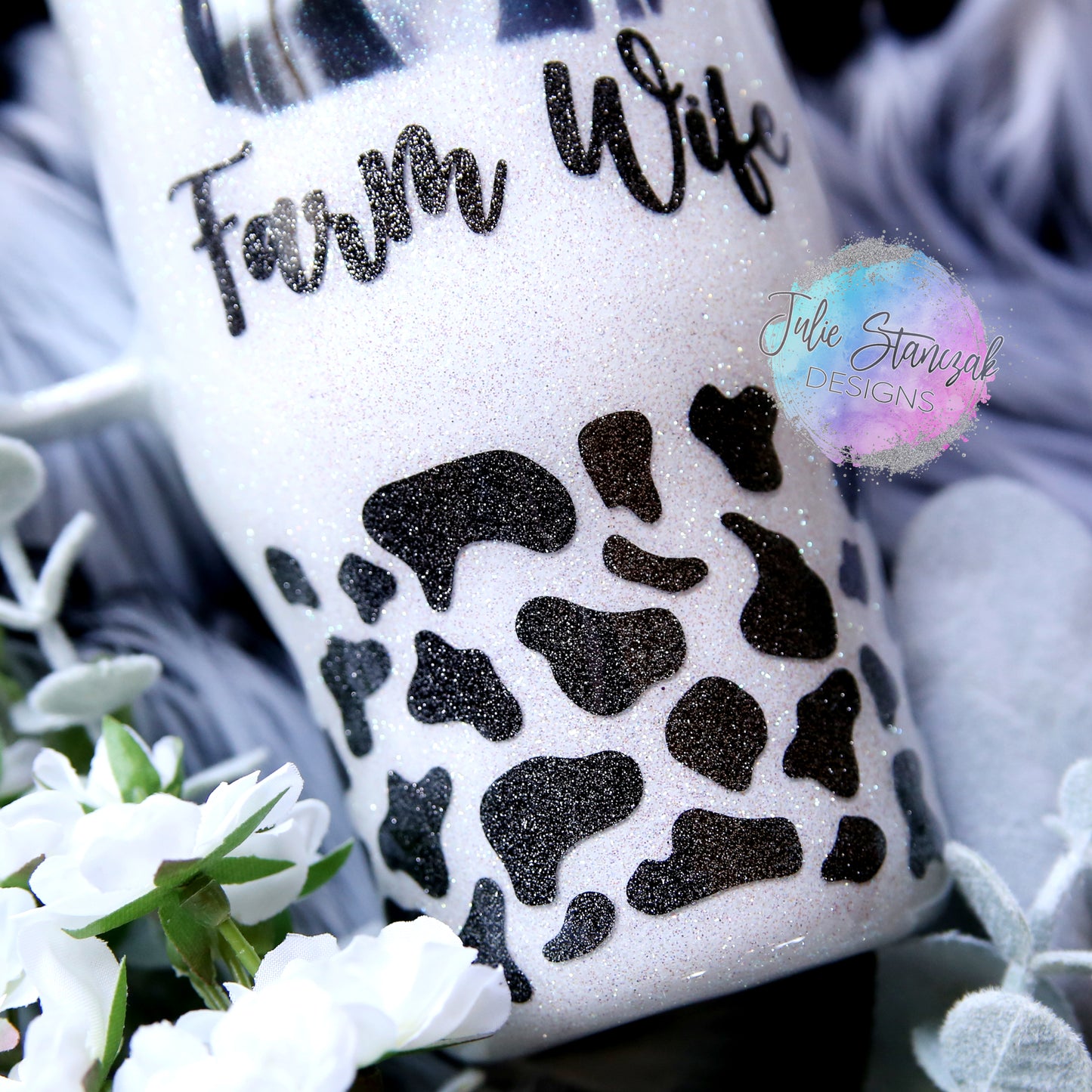 Farm Wife Holstein Dairy Cow Spots Flowers Handle Glitter Tumbler