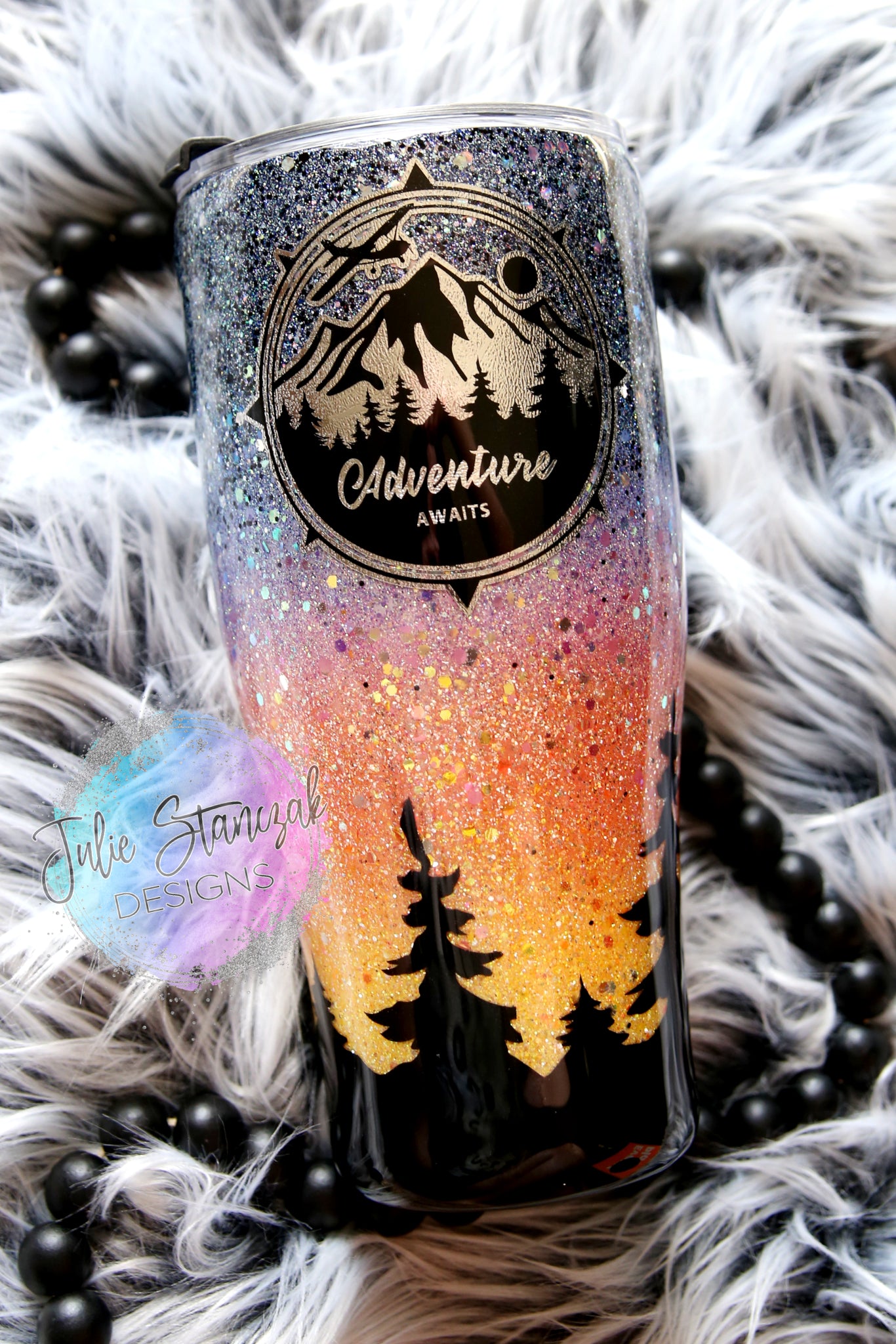 Adventure Awaits Sunset Mountains Trees Glitter Tumbler