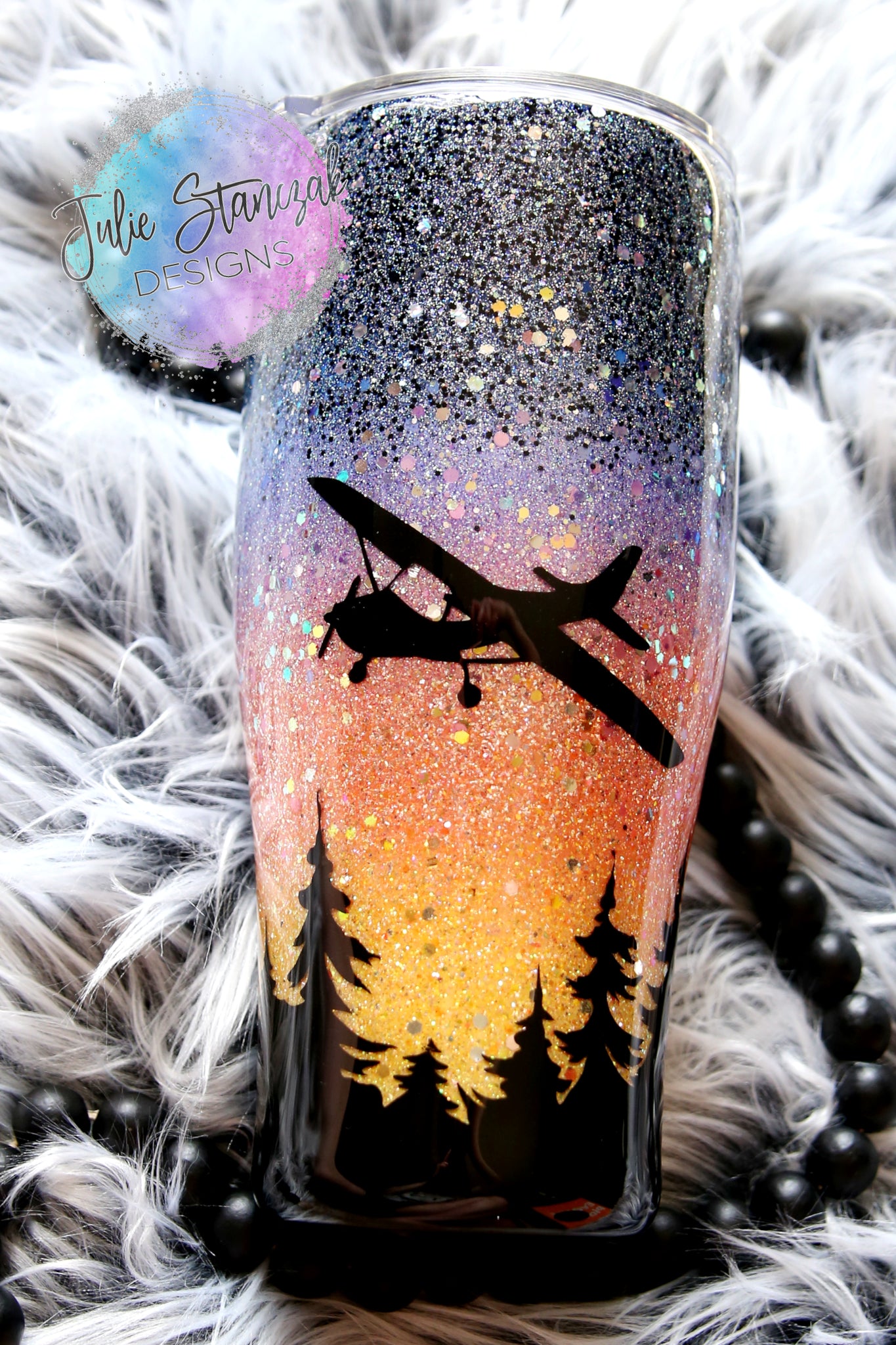 Adventure Awaits Sunset Mountains Trees Glitter Tumbler