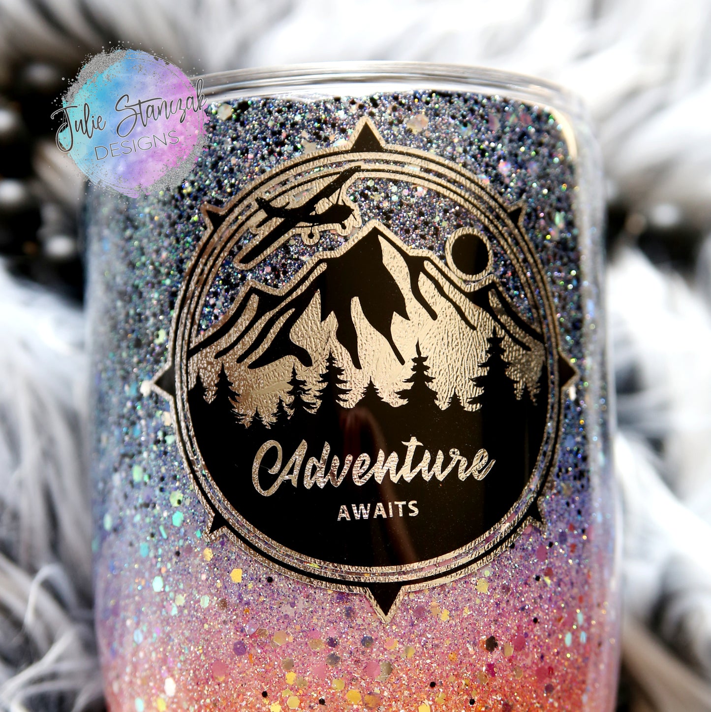 Adventure Awaits Sunset Mountains Trees Glitter Tumbler