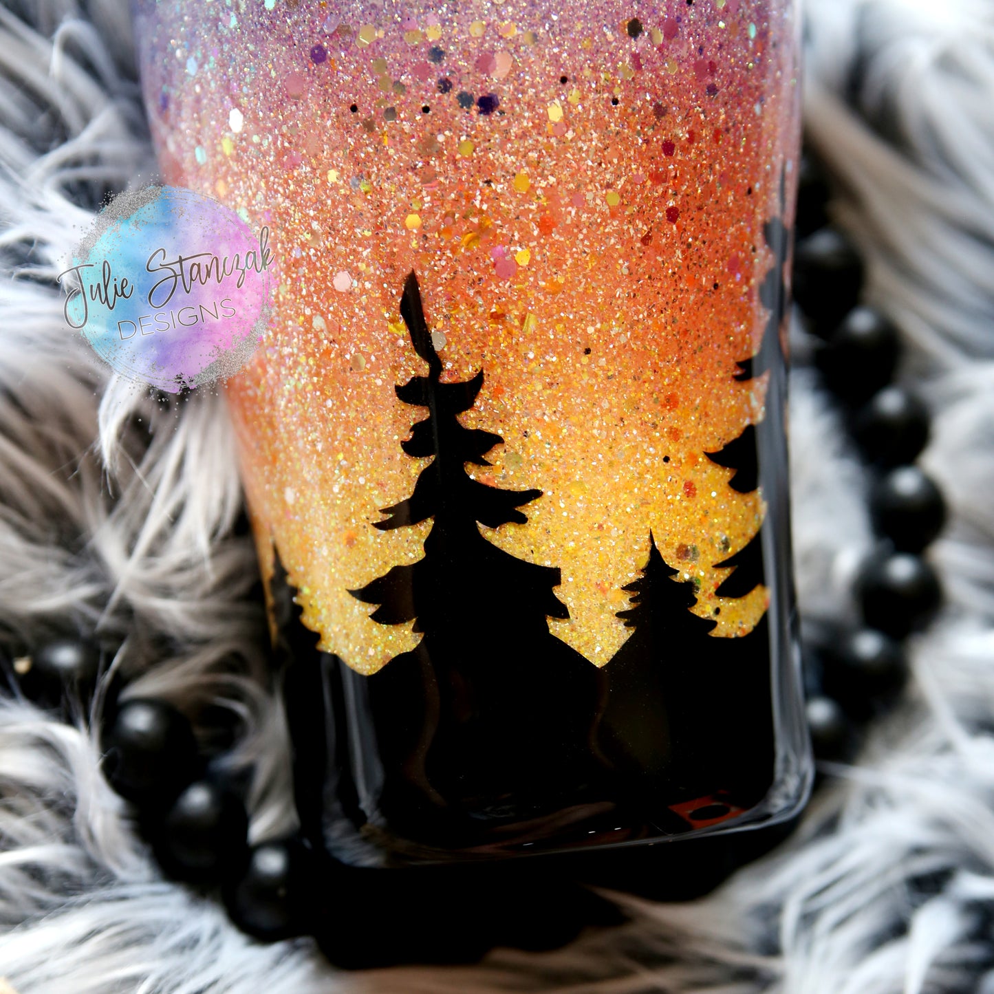 Adventure Awaits Sunset Mountains Trees Glitter Tumbler