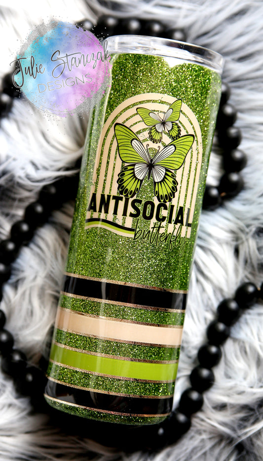 Antisocial Butterfly Green Stripes Glitter Tumbler RTS