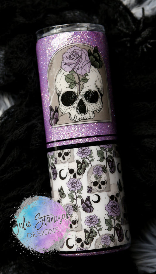 Skull Skeleton Butterflies Rose Spooky Purple Glitter Tumbler RTS