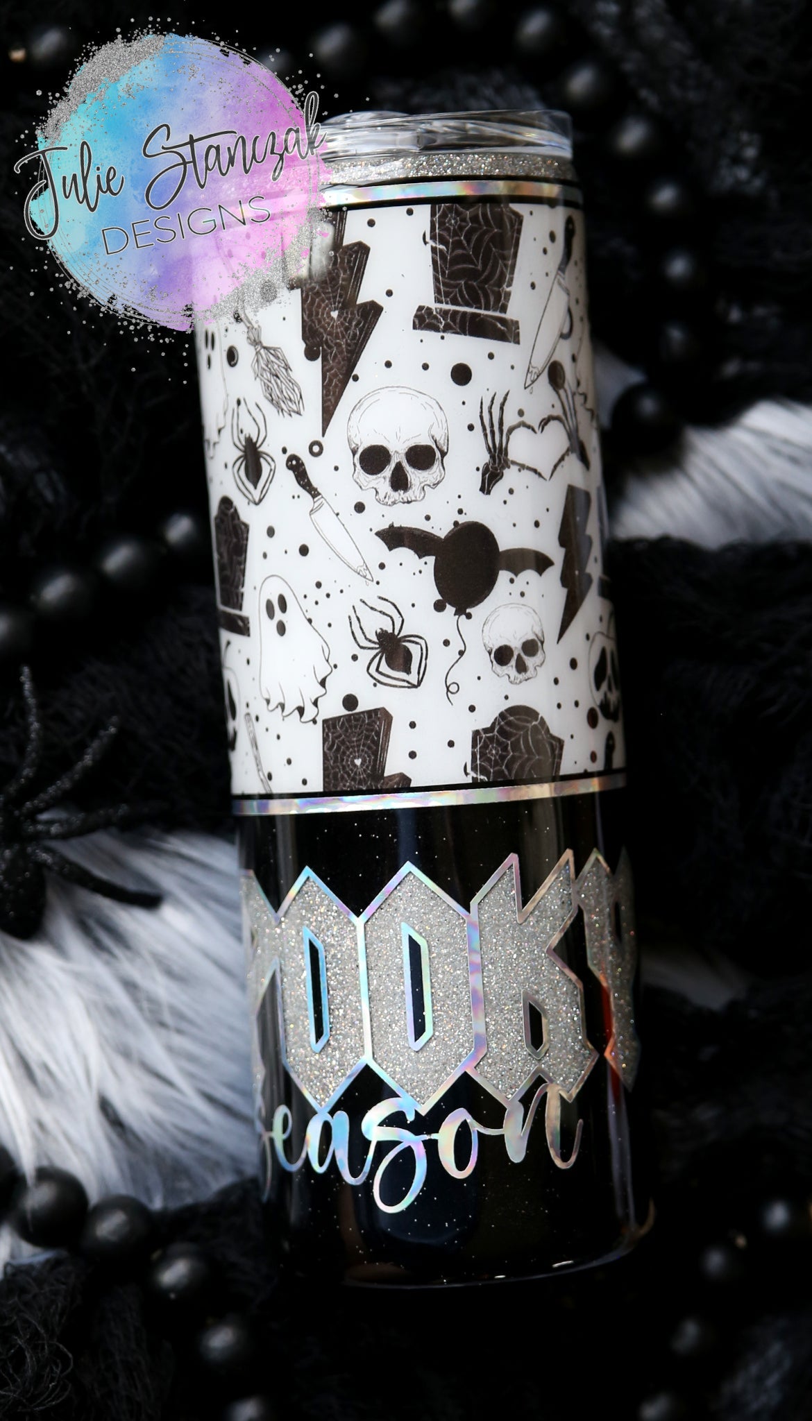 Skull Spooky Season Doodles Glitter Tumbler RTS