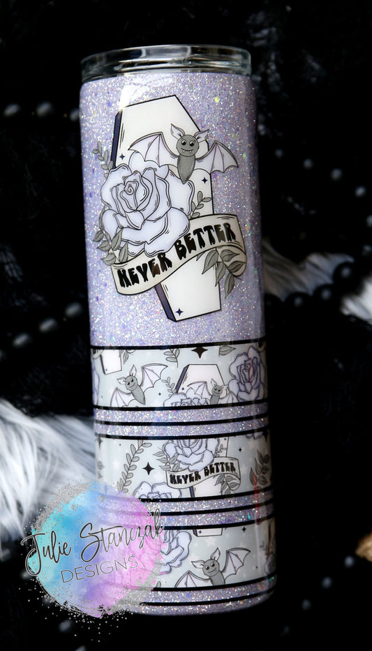 Never Better Cute Bat Roses Purple Glitter Tumbler RTS