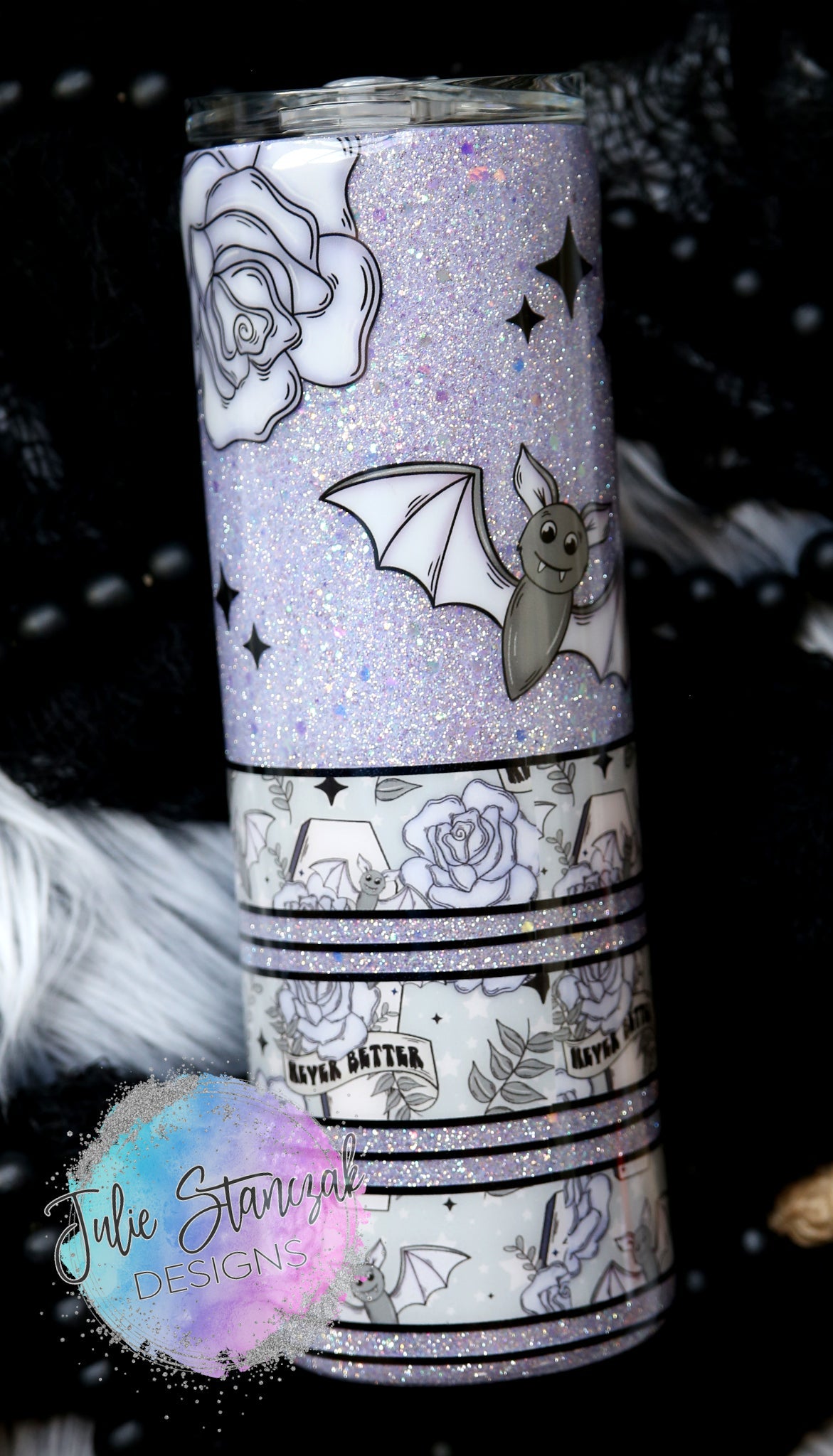 Never Better Cute Bat Roses Purple Glitter Tumbler RTS