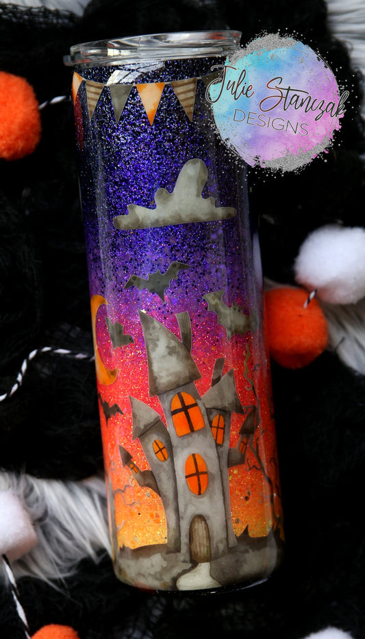 Halloween Haunted House Sunset Glitter Tumbler RTS