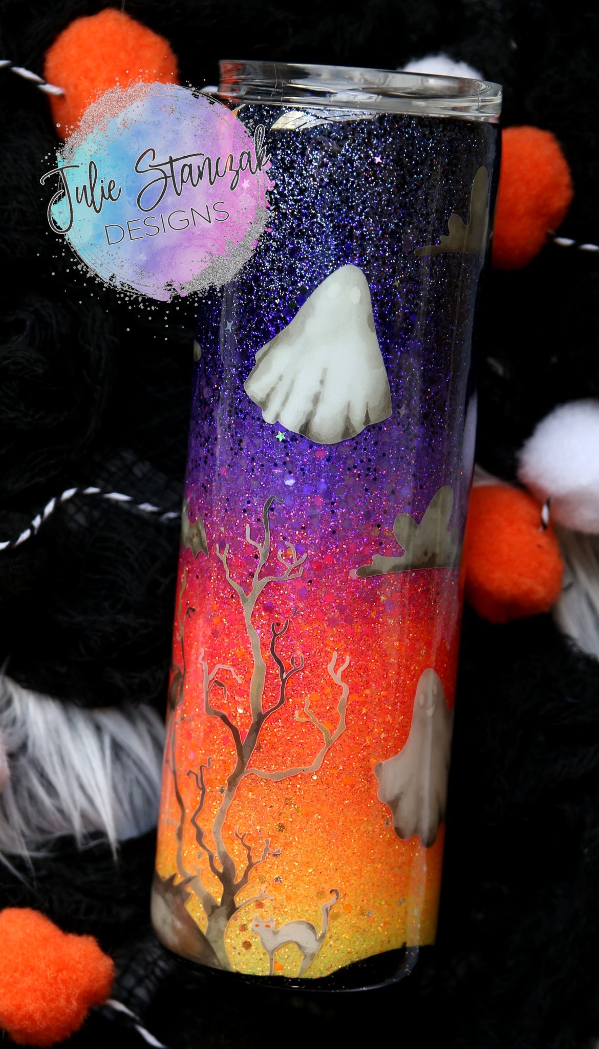 Halloween Haunted House Sunset Glitter Tumbler RTS