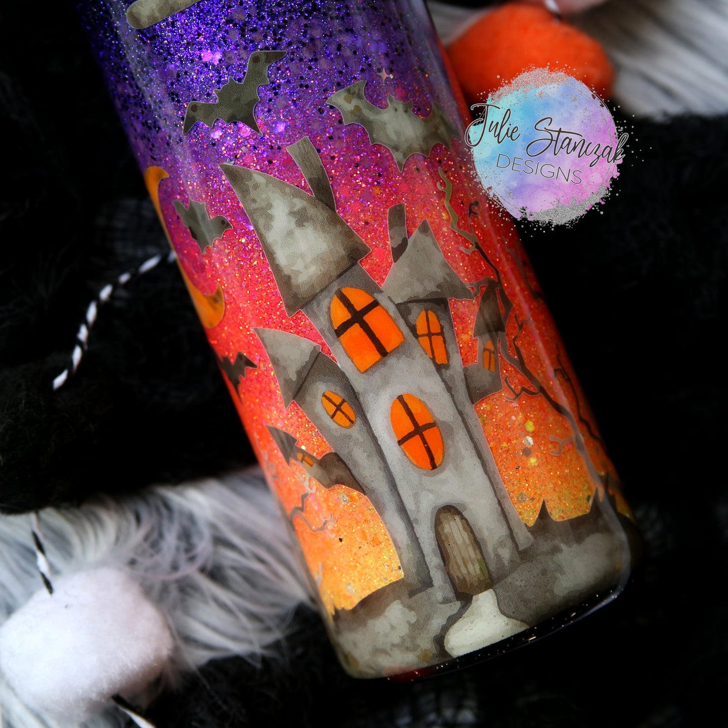 Halloween Haunted House Sunset Glitter Tumbler RTS