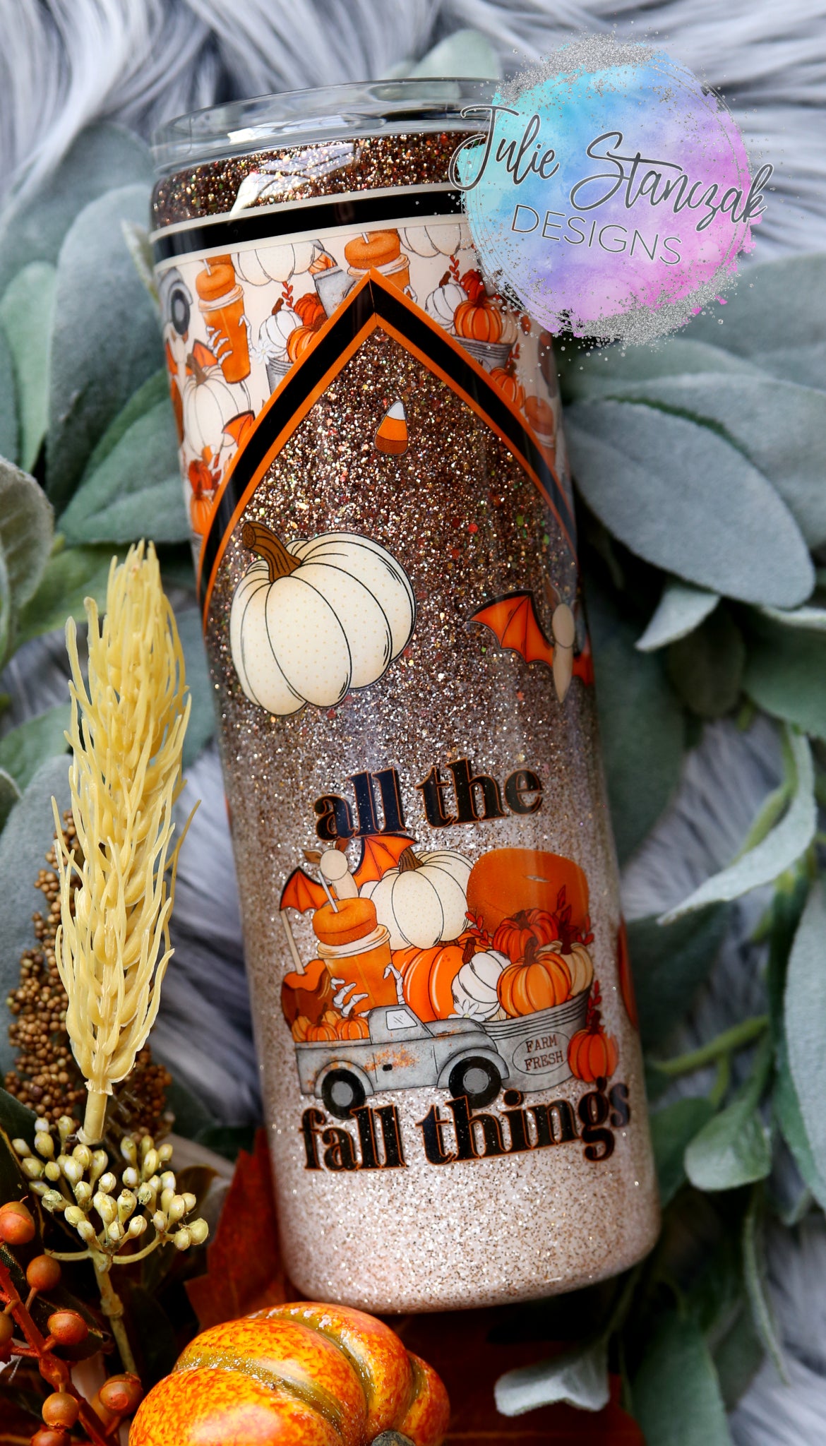 Fall All the Fall Things Pumpkins Bats Apple Glitter Tumbler RTS