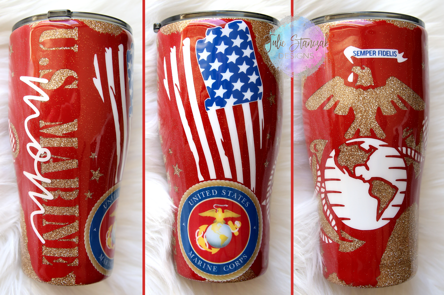 Marine Mom Glitter Tumbler Military Flag USA Proud