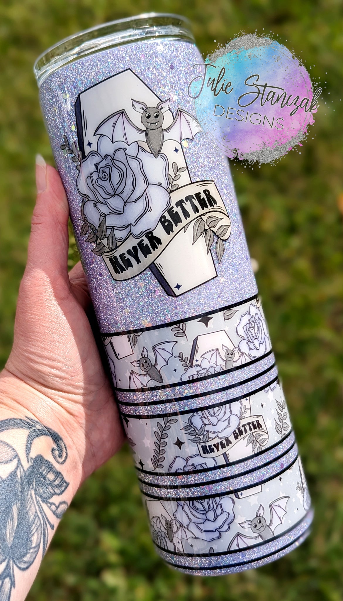 Never Better Cute Bat Roses Purple Glitter Tumbler RTS