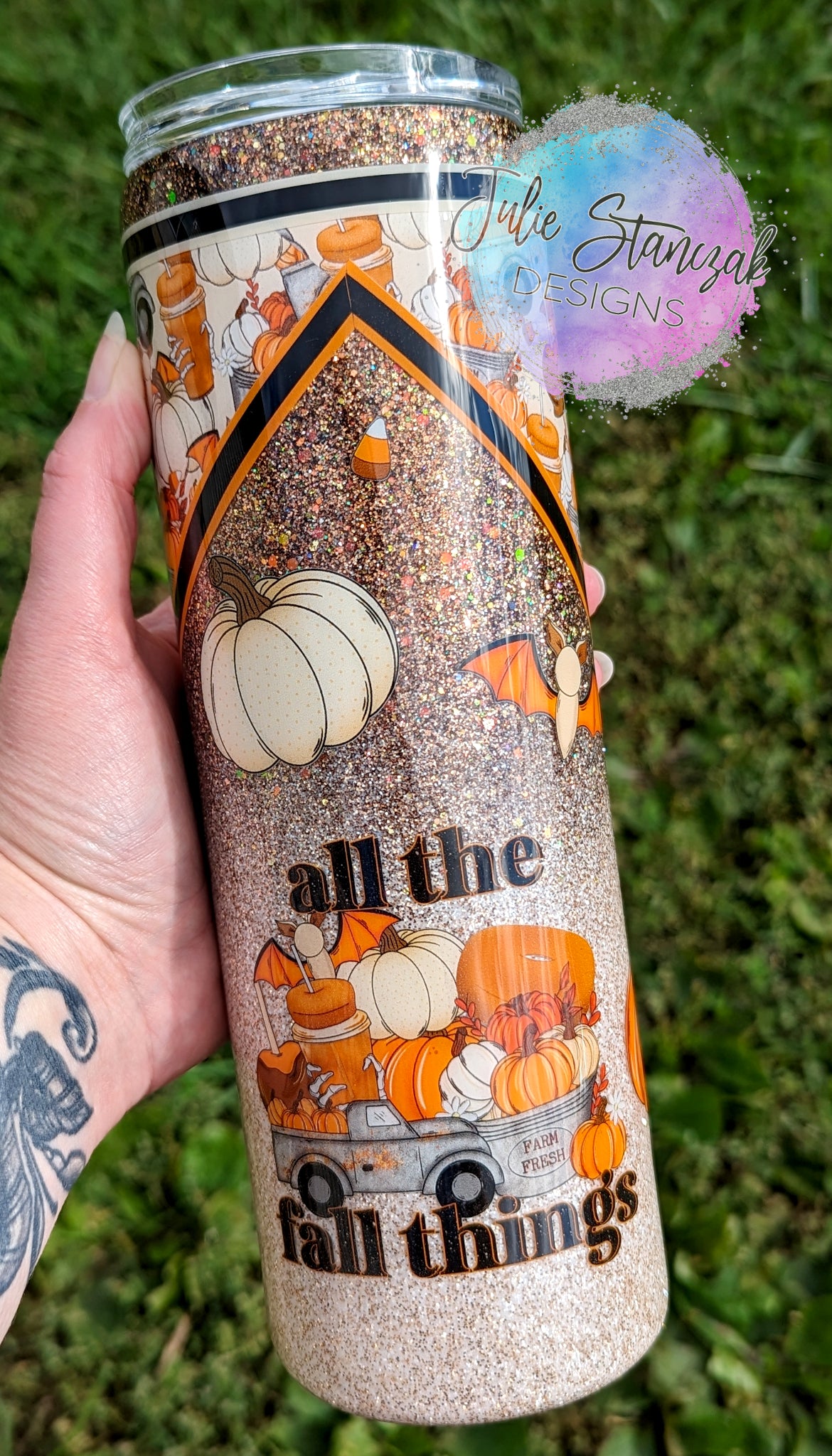 Fall All the Fall Things Pumpkins Bats Apple Glitter Tumbler RTS