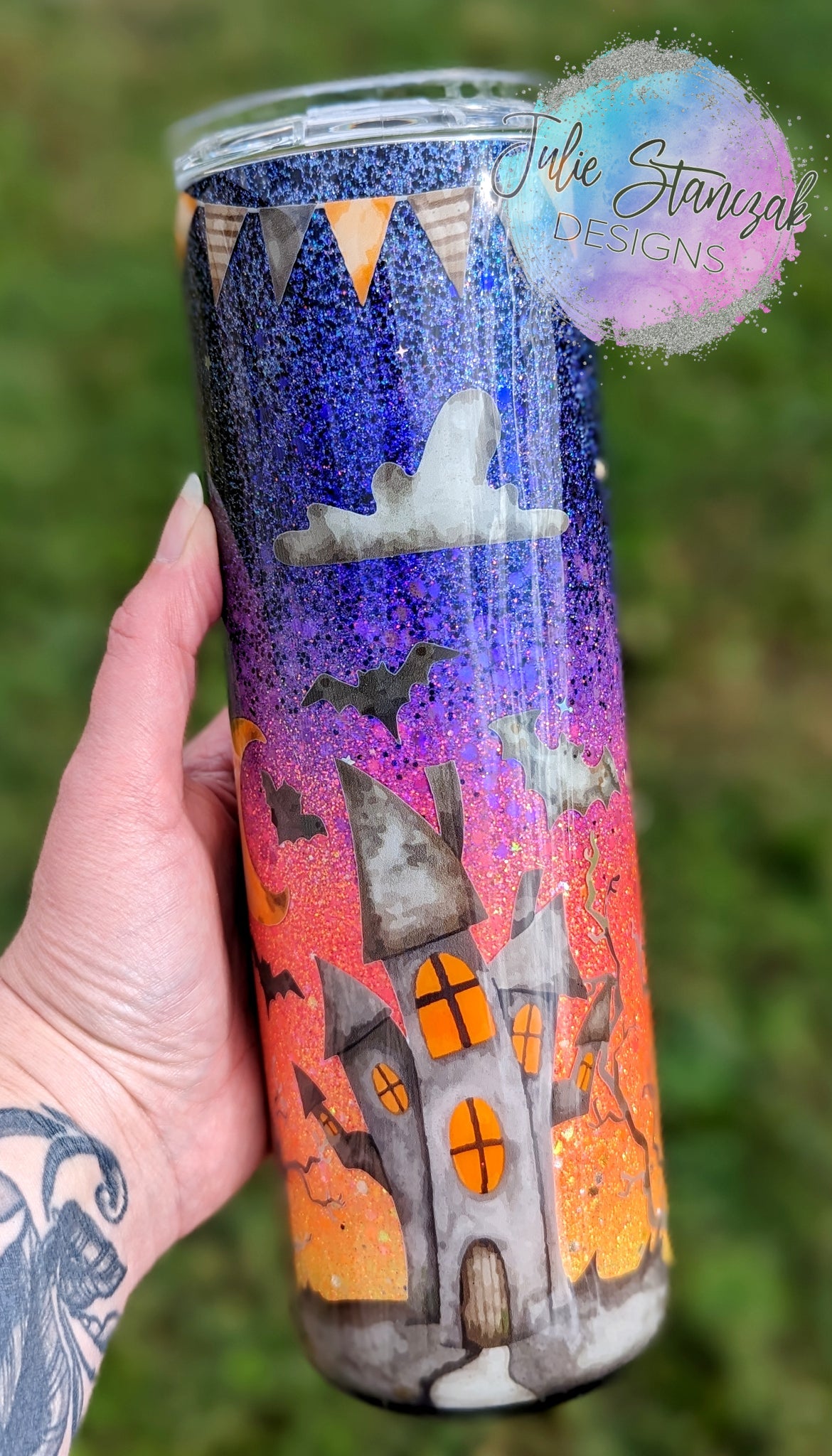 Halloween Haunted House Sunset Glitter Tumbler RTS