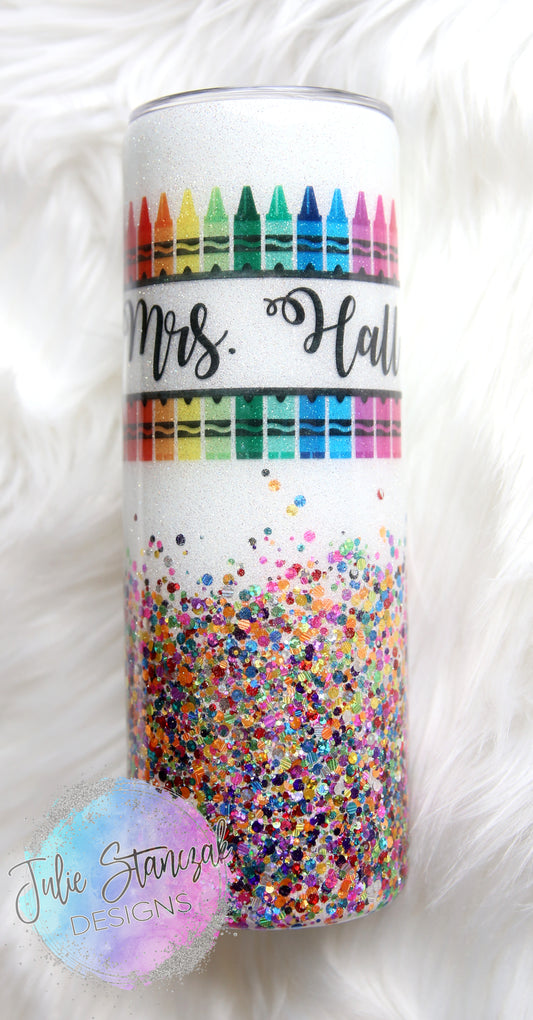 Teacher Glitter Tumbler Colorful Crayons