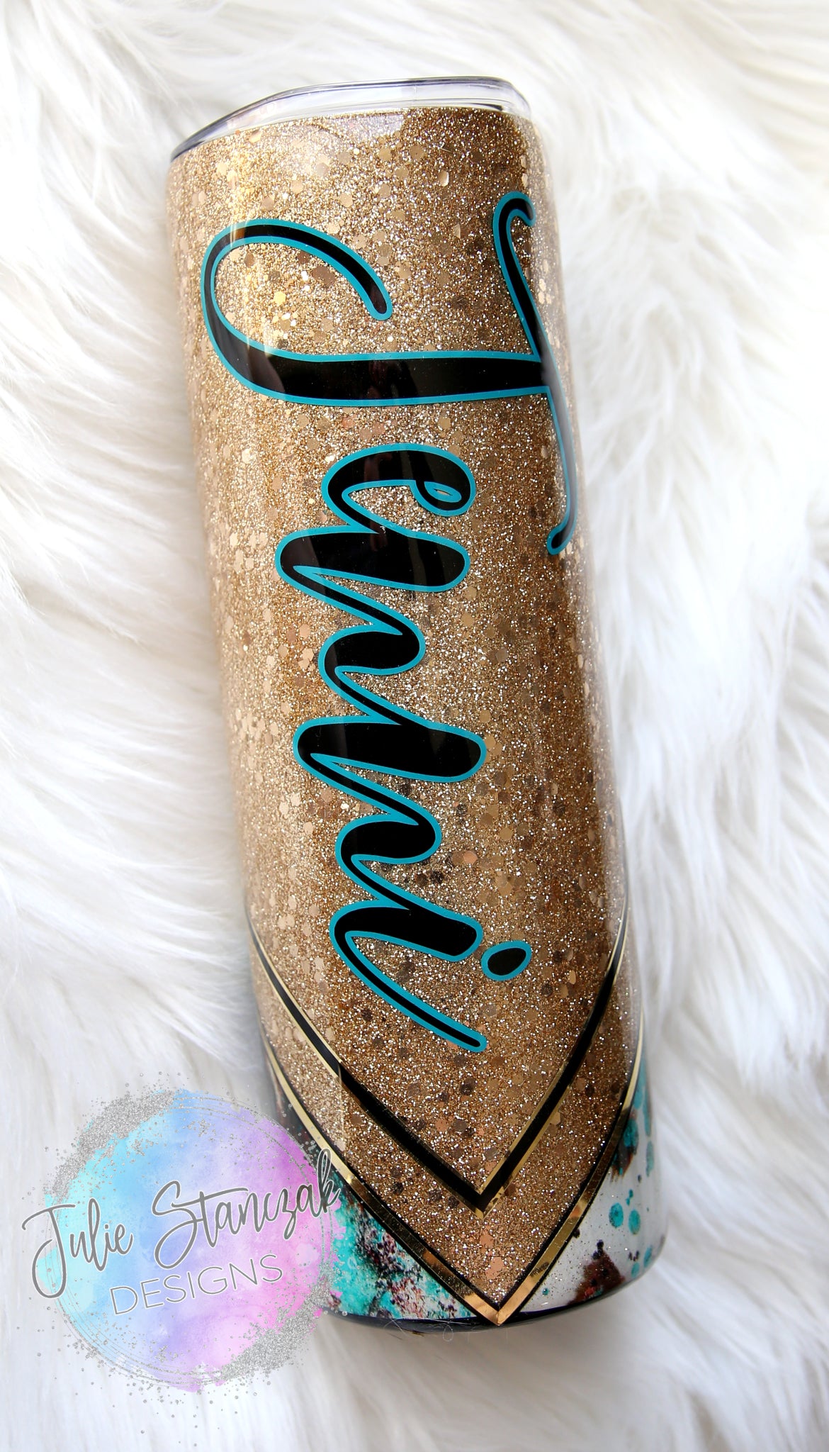 Yellowstone Personalized Turquoise Gold Glitter Tumbler Back