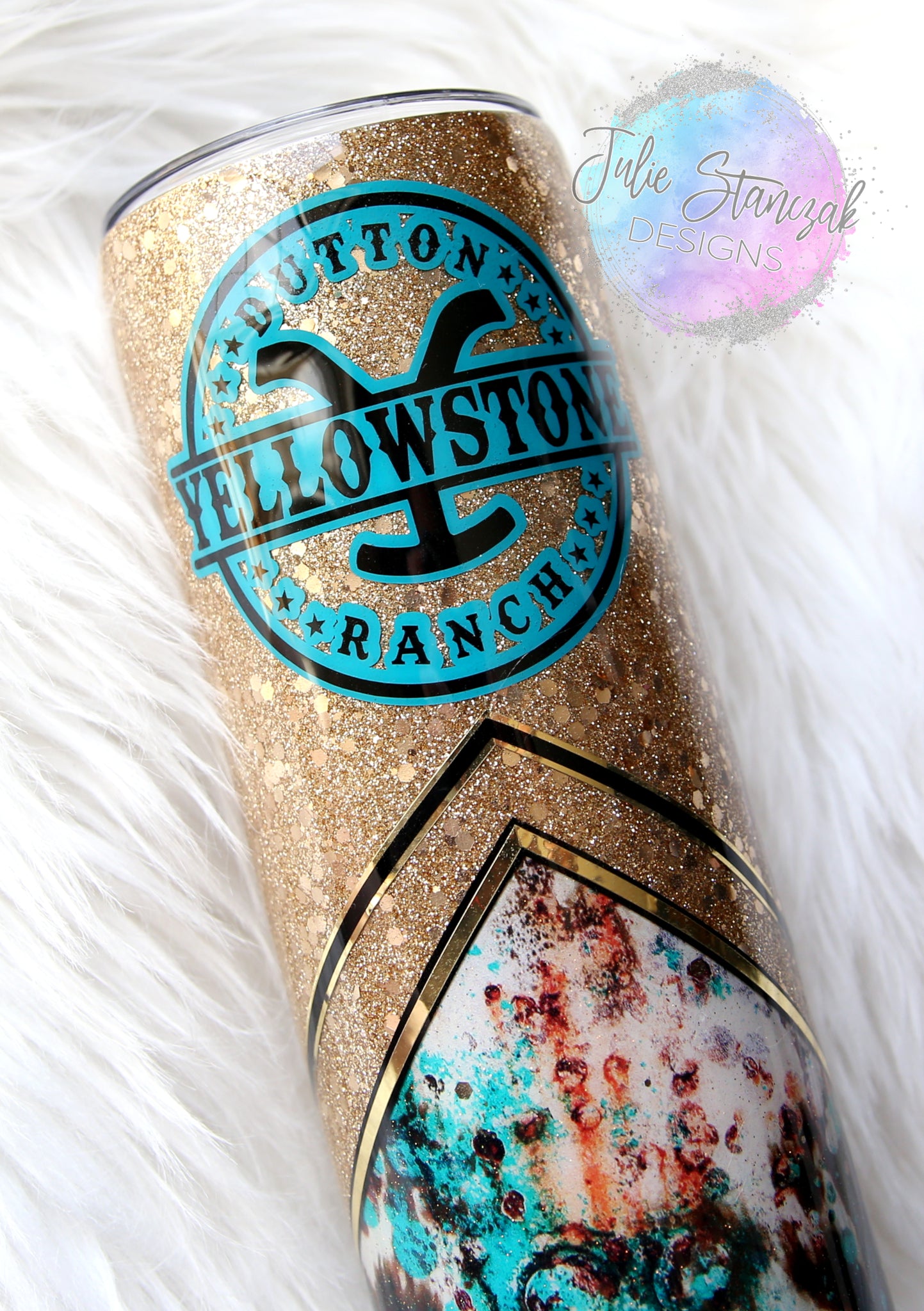 Yellowstone Personalized Turquoise Gold Glitter Tumbler Logo