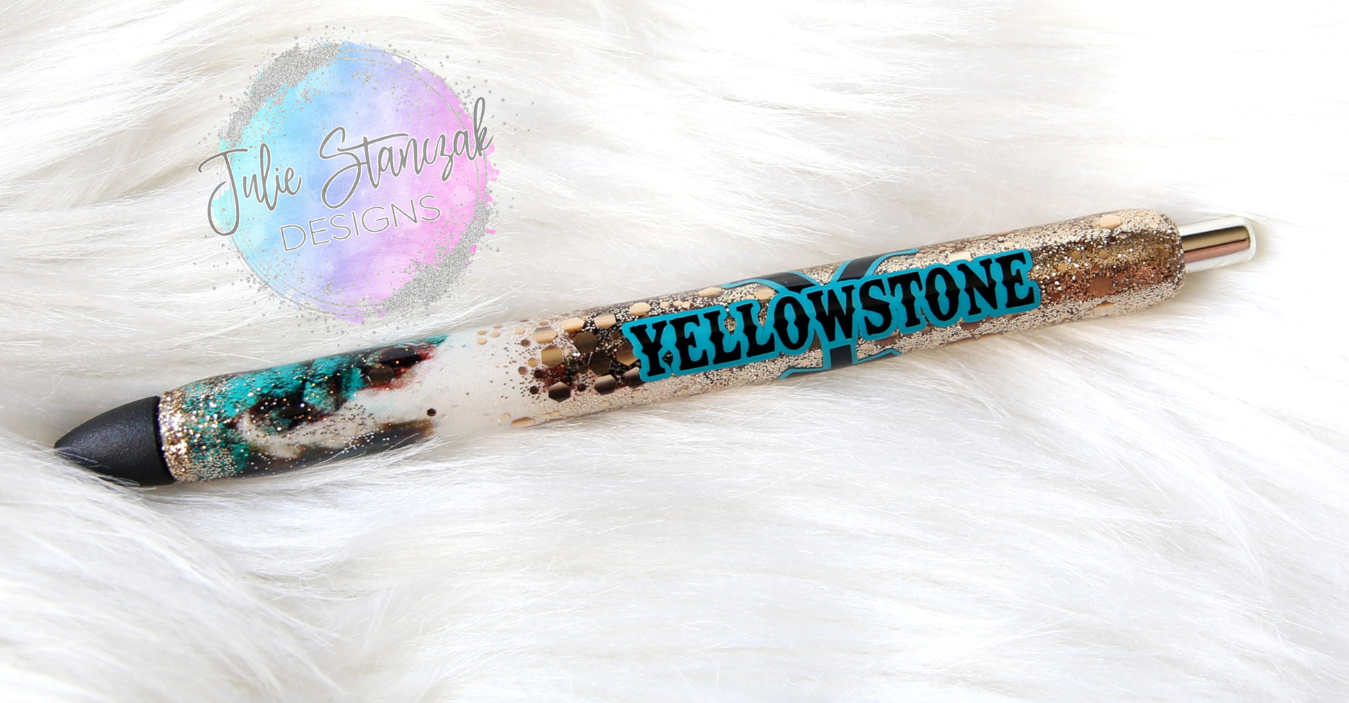 Yellowstone Turquoise Cow Print Glitter Pen