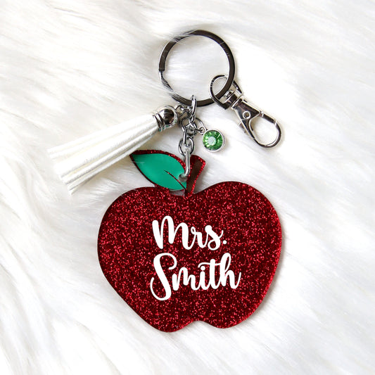 Teacher Glitter Keychain Bag Tag Apple