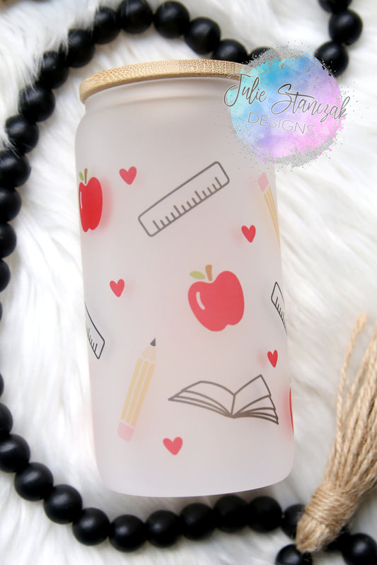 Teacher Glass Can Hearts Apples Pencils RTS